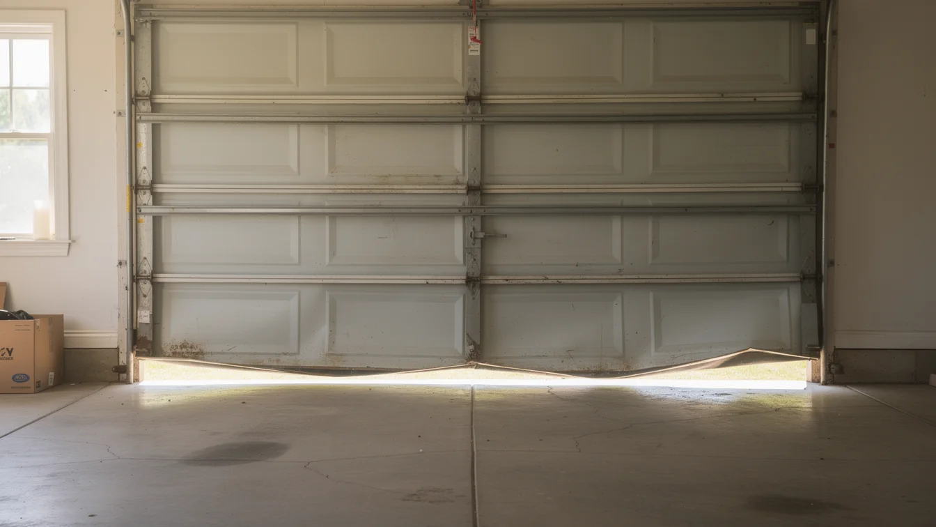 The bottom panel of a white garage door is bent inward.