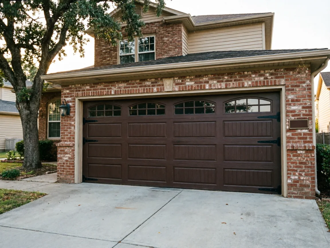 The garage door is brown with decorative windows and black hardware on a brick house.
