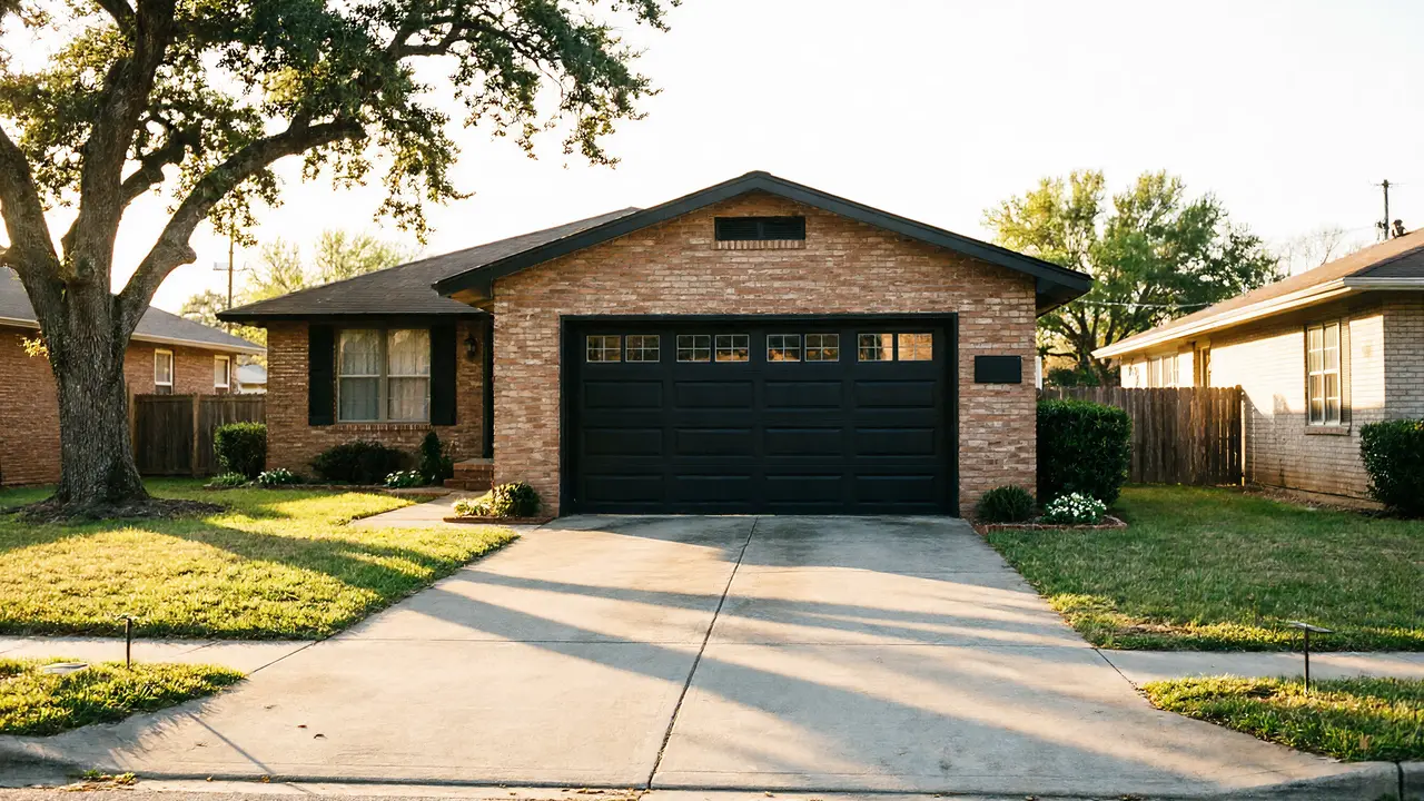 A brick house with a black garage door and a large tree in the front yard.