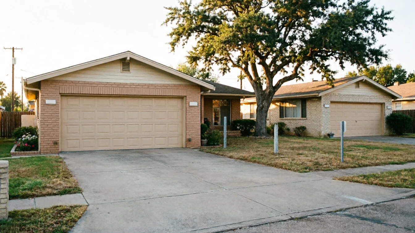 Two single-story houses with tan garage doors and brick exteriors stand under a large tree.