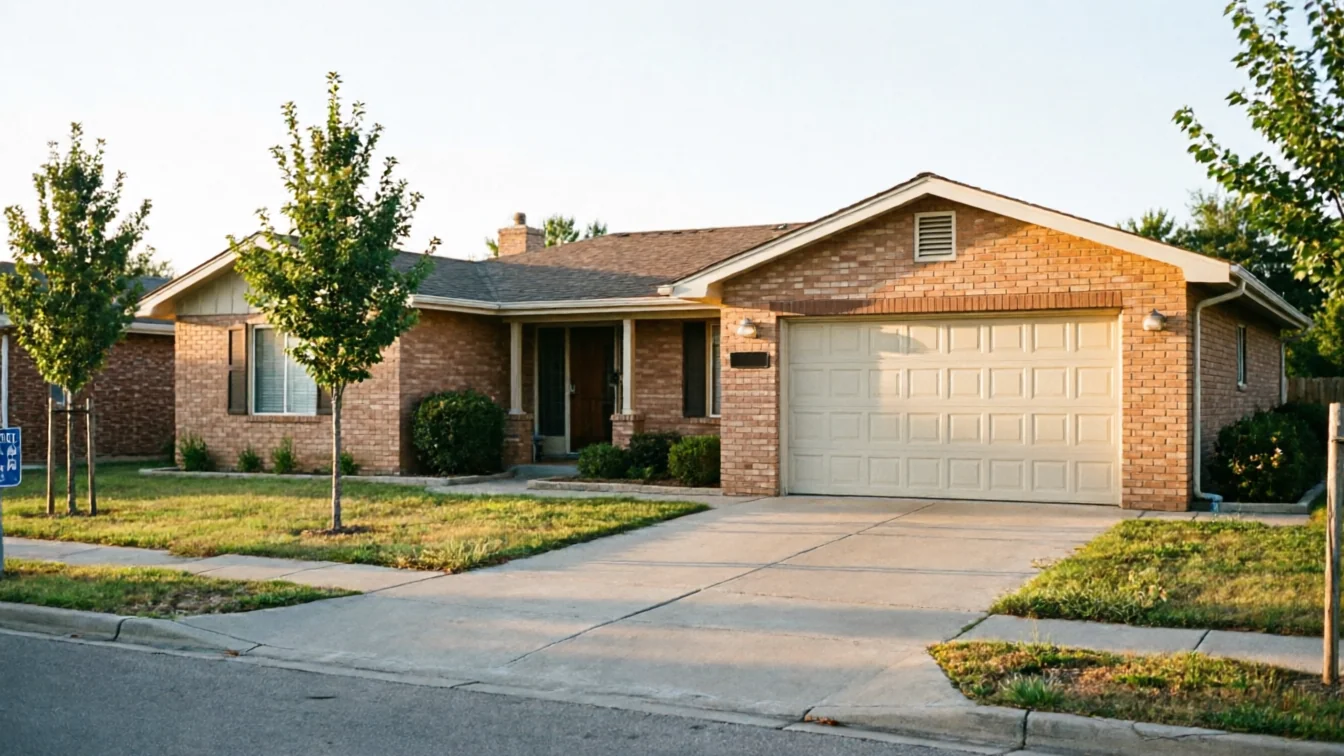 A brick house with a light-colored garage door and a concrete driveway.