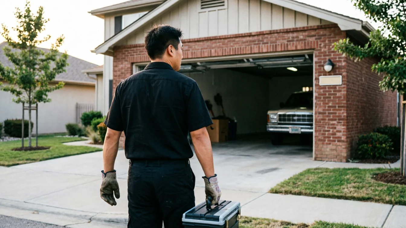 A technician carrying a toolbox walks towards a house with an open garage door.