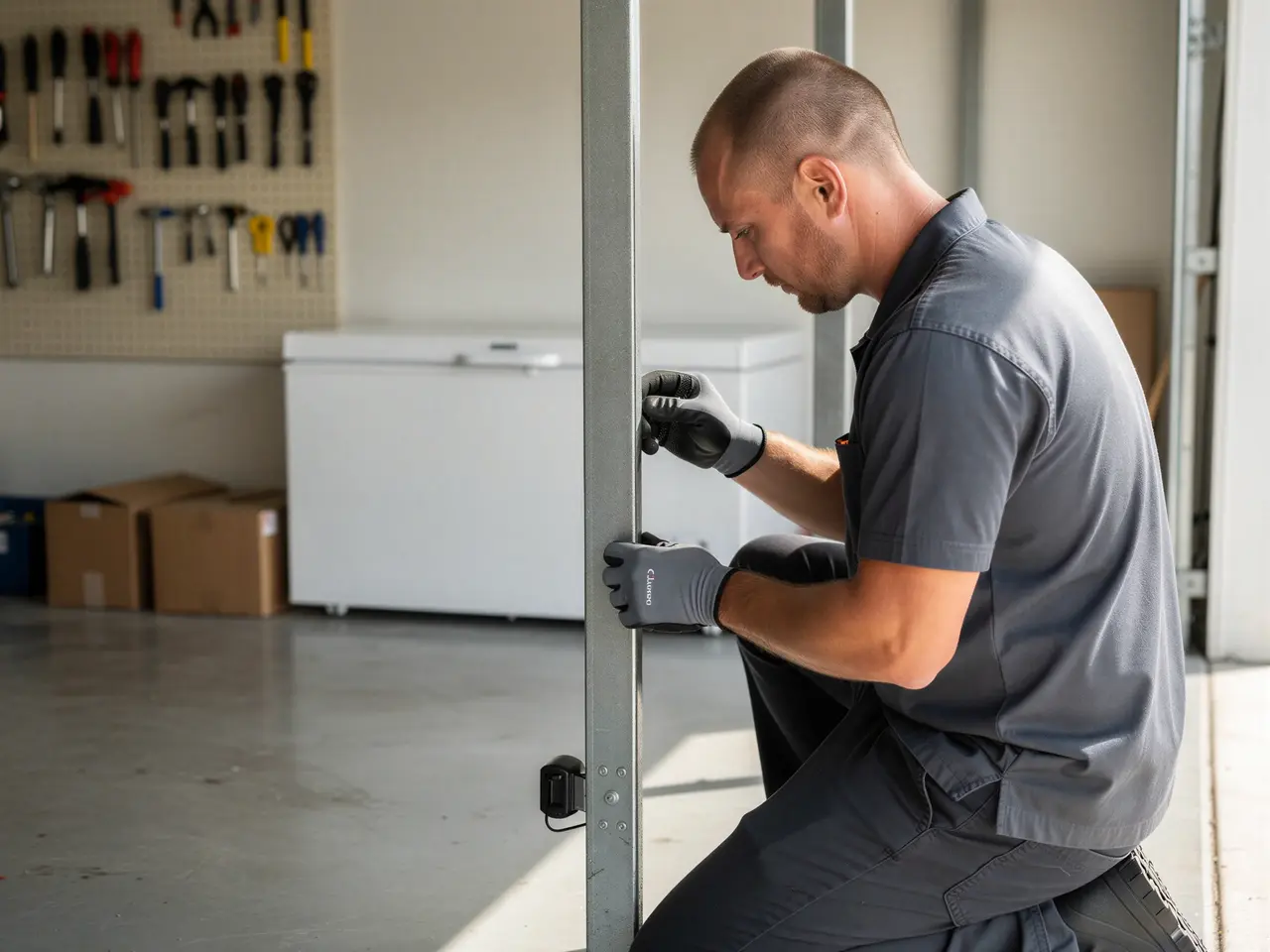 A technician in a gray uniform is kneeling and working on a garage door track.