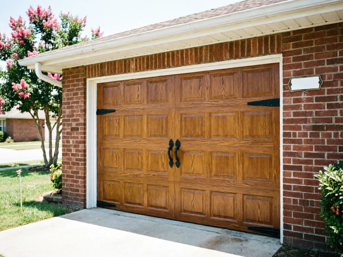 A brown garage door with decorative black hardware is set in a brick house.